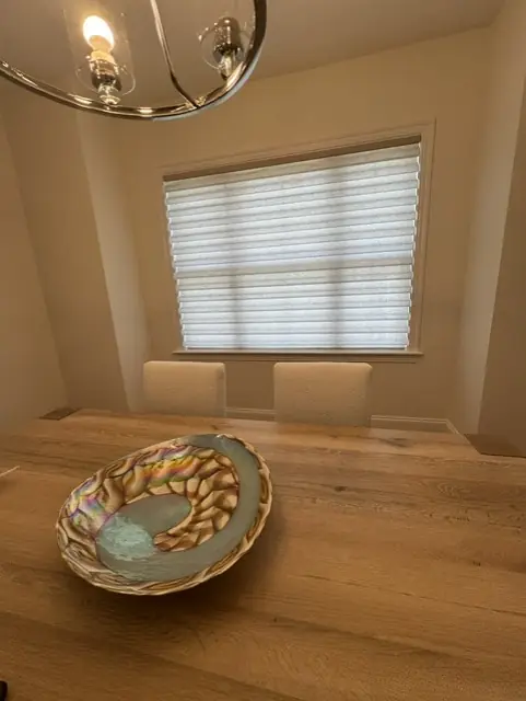 Sheer shading over a dining room window behind a wood table