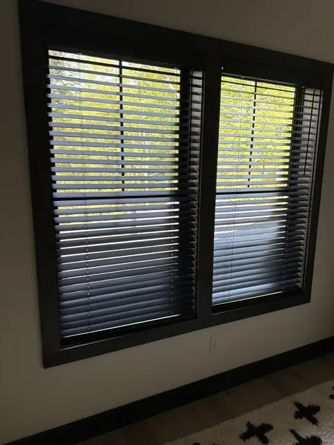 Dark wood blinds tilted open on a pair of windows